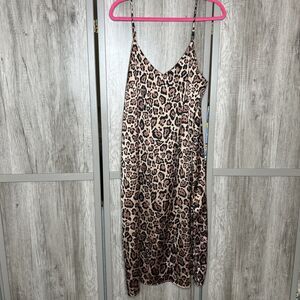The Drop Slip Dress Size L Satin Animal Print Spaghetti Straps Brown Beige